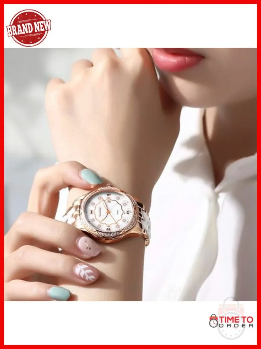 Luxury Ceramic Watch Diamond Rose Gold Dial Quartz Dress Watch Water Resistant